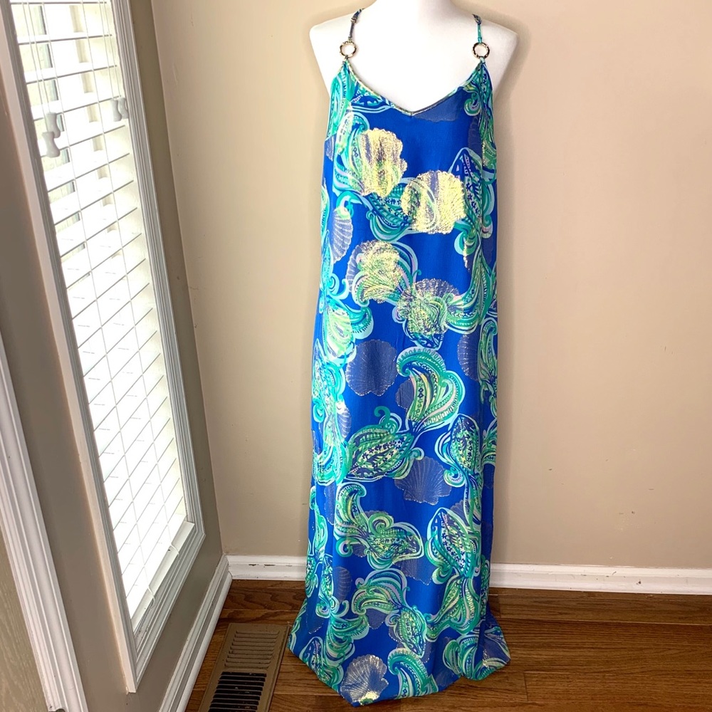 Lilly Pulitzer blue, green and gold maxi dress